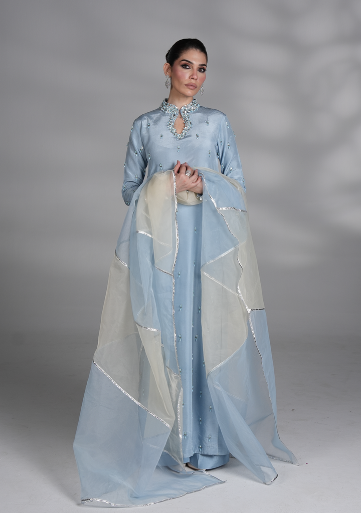 silk formal dresses pakistani Ice Blue Dress #sb-livv-light-gold